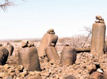 The isolated collection of upright megaliths at Namoratunga II. The stones were erected in curious pattern in about 300 BC. Credits: B.M. Lynch, L.H.Robbins, Science 200