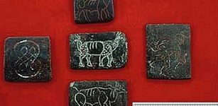 Selection of Mohenjo-daro copper tablets. Scale in cm. Image courtesy of Harappa Archaeological Research Project/Harappa.com and Dept. of Archaeology and Museums, Govt. of Pakistan.