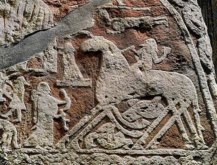Tableau d'image viking représentant un héros mort à cheval sur le cheval à huit pattes d'Odin, Sleipnir to Valhalla