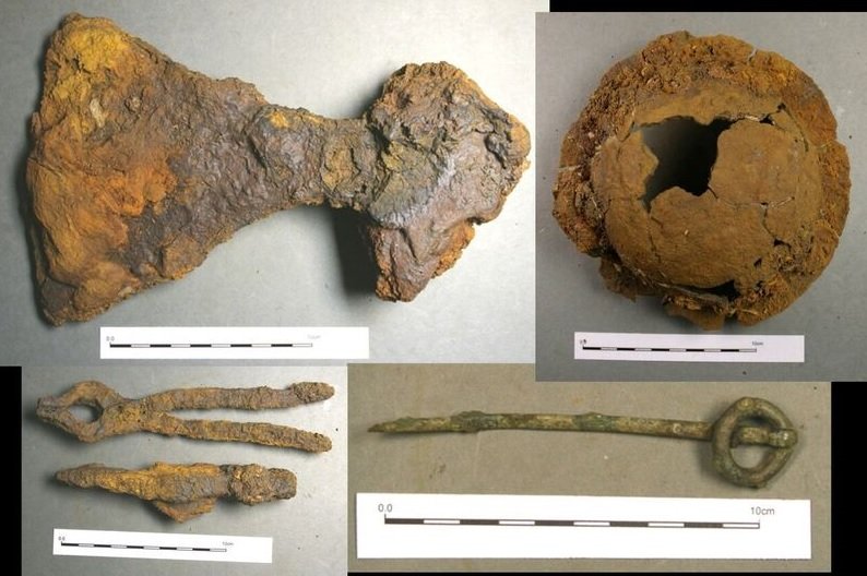 Some of the other finds recovered from the grave (clockwise from the top left): broad-bladed axe, shield boss, ringed pin and the hammer and tongs (photographs: Pieta Greaves/AOC Archaeology)