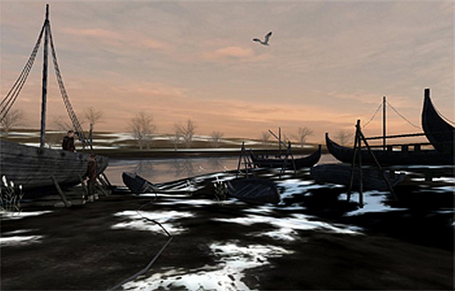 A scene from the virtual reality experience showing vikings repairing their boats at the camp