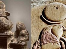 Left: A scribe writes at the feet of Thoth as a baboon with lunar disk and crescent moon. Image via touregypt.net; Right: God Khonsu the Egyptian lunar god of fertility. His headdress consists of a crescent moon, topped by a full moon.