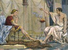 "That most enduring of romantic images, Aristotle tutoring the future conqueror Alexander".[147] Illustration by Charles Laplante [fr], 1866