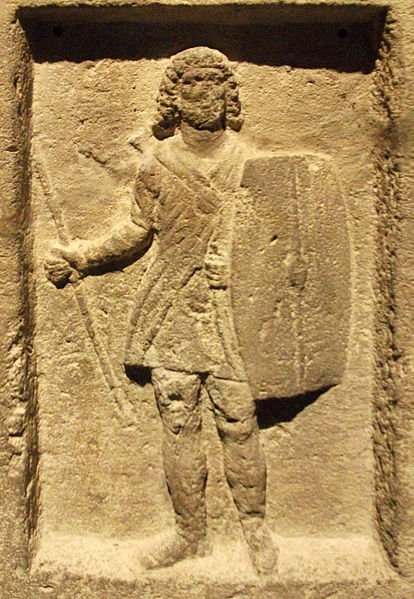 The stele of Staphhilos from the Panticapaeum, depicting a soldier with the traditional Bosporan long hair and beard. Image credit: