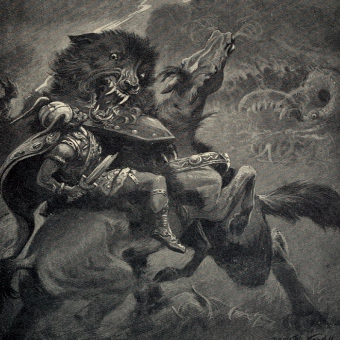 Fenrir was a gigantic monter-wolf; he was so huge that his jaw stretched from the earth to the sky. He was considered the wildest expression of nature. (“Odin and Fenrir” by Dorothy Hardy (1909))