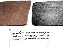 The verso of Arad Ostracon No. 16. (A) color (RGB) image; (B) MS image corresponding to 890 nm; (C) manual drawing (facsimile) of the proposed reading. Hollow shapes represent conjectured characters. Image credit: Tel Aviv University /via The Times of Israel