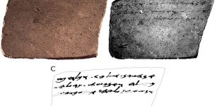 The verso of Arad Ostracon No. 16. (A) color (RGB) image; (B) MS image corresponding to 890 nm; (C) manual drawing (facsimile) of the proposed reading. Hollow shapes represent conjectured characters. Image credit: Tel Aviv University /via The Times of Israel