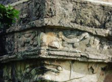 Face of the God of Creation, Itzamna, carved into the wall of a temple, Tulum, Mexico