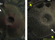 A cinder cone in the Andahua Valley, Peru (A), compared with the pyramid of El Volcán in the Nepeña Valley, Peru. Robert A. Benfer &Andrés Ocás/ Antiquity