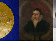 Left: The Magical Disc. © Courtesy Trustees of the British Museum; Middle: John Dee, Ashmolean Portrait, artist unknown c1594. © Ashmolean Museum; Right: Claude Lorrain, Mirror in a shark skin case, believed at one tie to be John Dee's scrying mirror. © Science Museum, Wellcome Images