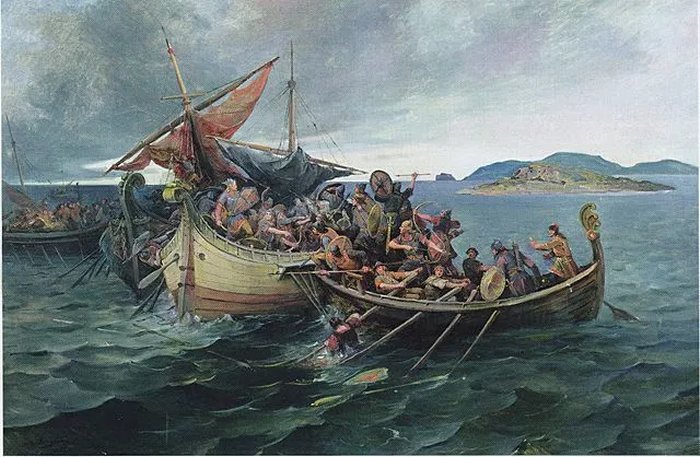 The Jomsvikings in a naval battle by Nils Bergslien, 1900