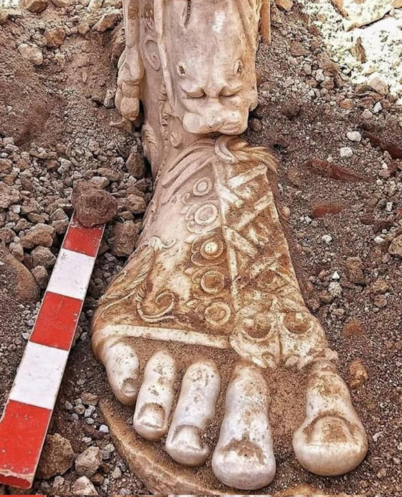 Foot of a marble sculpture of Marcus Aurelius unearthed in Southern Turkey. Emperor Aurelius was not only a military leader but also a scholar known for his intellectual pursuits