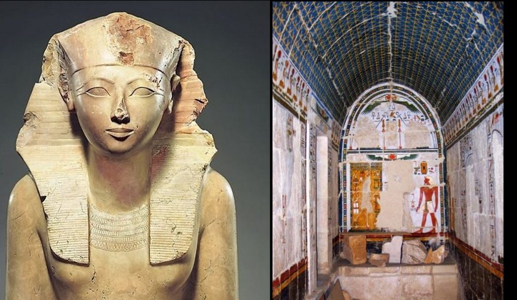 Left: Hatshepsut; Right: General view of the shrine of Anubis. Credits: Polish Archaeological and Conservation Mission of the temple of Hatshepsut at Deir El-Bahari