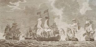 An engraving shows the Namur (centre) fighting in the 1759 Battle of Lagos, a key incident in the Seven Years' War Credit: National Maritime Museum