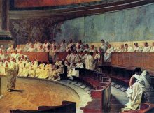 Representation of a sitting of the Roman senate: Cicero attacks Catiline, from a 19th-century fresco in Palazzo Madama, Rome, house of the Italian Senate. Credits: Wikipedia