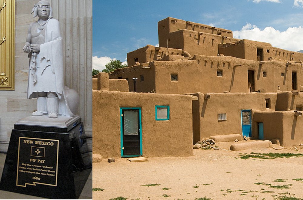 Left: Statue of Popé, or Po'Pay, now in the National Statuary Hall Collection in the US Capitol Building as one of New Mexico's two statues; Right: Taos Pueblo served as a base for Popé during the revolt. Image via wikipedia