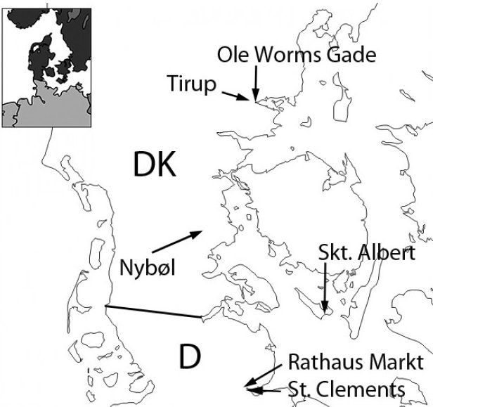 The map shows the locations of the cemeteries in Denmark and Germany that were used in the study. (Figure: Journal of Archaeological Science: Reports)