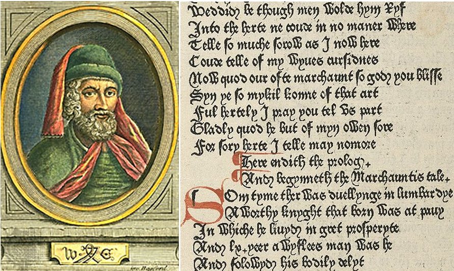 Left: William Caxton; Right: Caxton's 1477 edition of Chaucer's Canterbury Tales. Image via wikipedia
