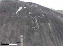 Aerial photograph of monumental Cerro Pintado petroglyphs with enhanced image overlay. Credit: Dr Philip Riris