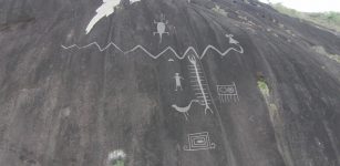 Aerial photograph of monumental Cerro Pintado petroglyphs with enhanced image overlay. Credit: Dr Philip Riris