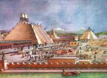 The central plaza of Tenochtitlán, the Aztec capital, included a pyramid temple to the war god, left, temples to other gods, and palaces. Image credit: Field Museum of Natural History, Chicago