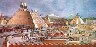 The central plaza of Tenochtitlán, the Aztec capital, included a pyramid temple to the war god, left, temples to other gods, and palaces. Image credit: Field Museum of Natural History, Chicago