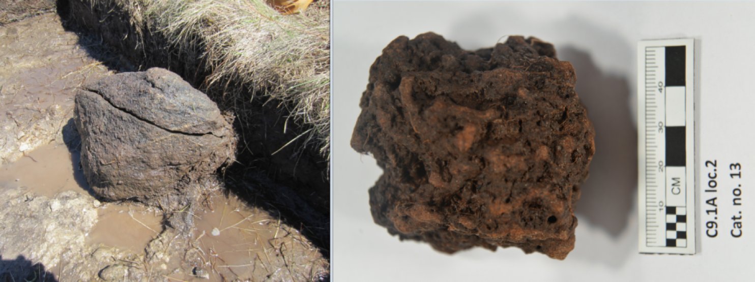 Left: The fire-scorched face of a boulder at the probable iron ore roasting site. Right: One of the larger lumps of roasted bog iron ore excavated from the site. (Greg Mumford)