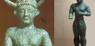 Bronze statuette of male figure wearing a conical cap with horns, know as 'The Horned God' (or 'Apollo Cereates). From Enkomi, Late Bronze Age, 1200-1150., Cyprus Museum, Nicosia