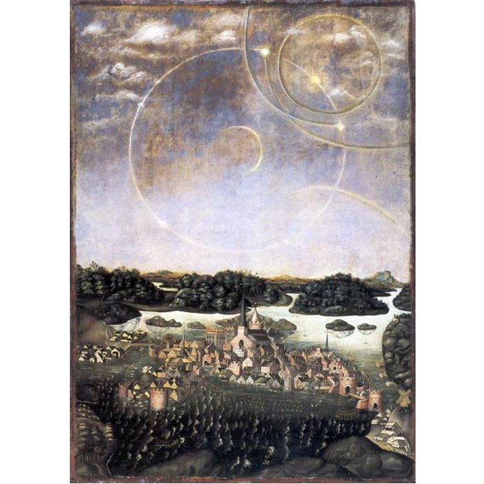 17th century painting of Stockholm, a copy of the so called Vädersolstavlan, depicting a halo display event in 1535. Image via wikipedia