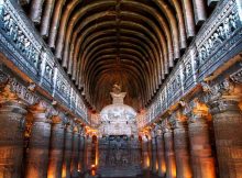 The Ajanta Caves are 29 (approximately) rock-cut Buddhist cave monuments, which date from the 2nd century BCE to about 480 CE in Aurangabad district of Maharashtra state of India. The caves include paintings and rock-cut sculptures described as among the finest surviving examples of ancient Indian art, particularly expressive paintings that present emotion through gesture, pose and form.