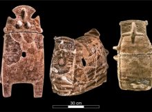 Ossuaries from the Chalcolithic Period, excavated at Peqi'in Cave. Credit: Mariana Salzberger, courtesy of the Israel Antiquities Authority