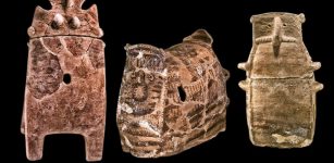 Ossuaries from the Chalcolithic Period, excavated at Peqi'in Cave. Credit: Mariana Salzberger, courtesy of the Israel Antiquities Authority