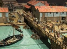 Londinium Bridge. This model shows how the Romans built the first bridge across the River Thames, where London Bridge now stands. Credits: Museum of London