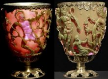 the most famous example of the use of metallic nanoparticles concerns a piece of Roman glasswork, the Lycurgus Cup, dating from the fourth century CE, showing a mythological frieze depicting the legend of King Lycurgus