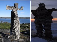 Left: The Hammer of Thor is a 3.3 me (10.8 ft) tall, t-shaped, man-made rock formation, located along the Arnaud River in the Ungava Peninsula, Quebec, Canada. Believed it was erected by Vikings in reference to the hammer-wielding Thor of Norse mythology but mostlikely is an artifact of Inuit culture, an inuksuk or stone landmark.; Right:: Inuksuk in the vicinity of Kuujjuarapik, Quebec. (wikipedia)