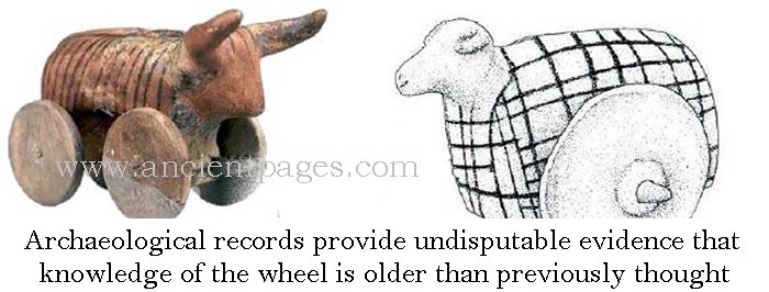 Left figure: Very little is known about this intriguing model save for the fact that it was found somewhere in the Ukraine and that it can probably be dated to the period between 3950 and 3650 BC (CUCUTENI TRYPILLIA, Cat. no. U-102, 263). Right: figure: A two-wheeled cart made around the turn of the 3rd and 2nd millennium BC from Pakistan.