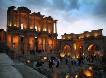 Facade of the Library of Celsus at night. Image credit: Austrian Archaeological Institute via wikipedia