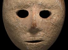 The 9,000-year-old stone mask discovered in the southern Hebron Hills area of the West Bank in early 2018 Image credit: Israel Antiquities Authority