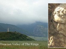 LEft: Thracian Valley of the Kings; Right: Bronze head of Thracian king Seuthes III, Kosmatka mound (tomb Seuthes III) in The Valley of The Kings