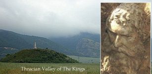 LEft: Thracian Valley of the Kings; Right: Bronze head of Thracian king Seuthes III, Kosmatka mound (tomb Seuthes III) in The Valley of The Kings