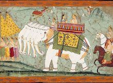 Indra (alias Sakra) and Shachi riding the five-headed Divine Elephant Airaavatha, Folio from a Jain text, Panch Kalyanaka (Five Auspicious Events in the Life of Jina Rishabhanatha), circa 1670-1680, Painting in LACMA museum, originally from Amber, Rajasthan