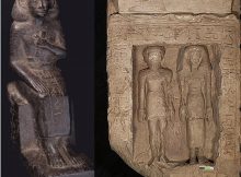 Left: Statuette of the seated scribe of the province of Edfu. ©GM - Tell Edfu Project 2018; Right: Limestone stela showing a man and woman standing next to each other. Their faces and names show signs of deliberate damage inflicted in ancient times, making it difficult to read their names. ©GM - Tell Edfu Project 2018