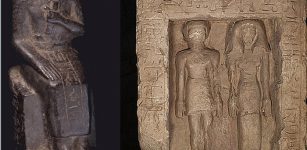 Left: Statuette of the seated scribe of the province of Edfu. ©GM - Tell Edfu Project 2018; Right: Limestone stela showing a man and woman standing next to each other. Their faces and names show signs of deliberate damage inflicted in ancient times, making it difficult to read their names. ©GM - Tell Edfu Project 2018