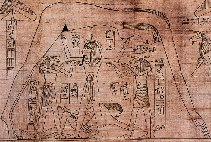 Detail from the Greenfield Papyrus (the Book of the Dead of Nesitanebtashru). It depicts the air god Shu, assisted by the ram-headed Heh deities, supporting the sky goddess Nut as the earth god Geb reclines beneath. Credit: British Museum
