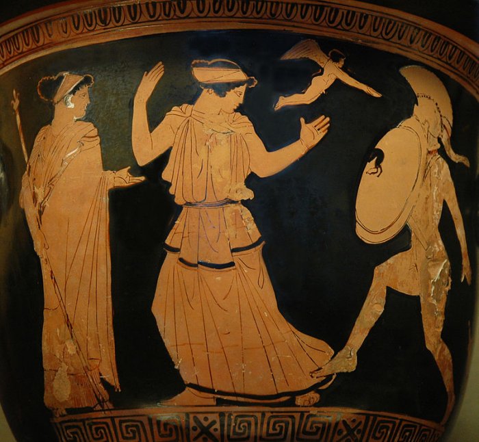 Menelaus intends to strike Helen; struck by her beauty, he drops his swords. A flying Eros and Aphrodite (on the left) watch the scene. Detail of an Attic red-figure crater, ca. 450–440 BC, found in Gnathia (now Egnazia, Italy).