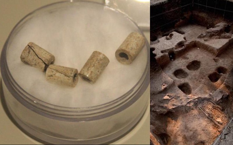 Left: Beads made from giant clam shells. The Fine Arts Department; Right: The human skeleton in the first pit and potholes indicating the use of land after the new Iron Age. Karnjana Karnjanatawe;