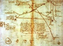 This map was drawn in 1602 by a Wichita Indian who was captured by the Spanish. The circular figures represent native settlements. Etzanoa is depicted by two circles with a diagonal line between them at the top center of the map. Image Credit: General Archives of Maps and Plans, Mexico City. Image credit: Archaeological Conservancy