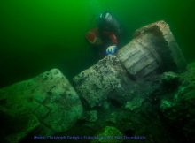 Granite columns and a Greek temple were found during recent dives and studies in the ancient sunken harbour city Heracleion, off Egypt 's north coast. Image credit: Ministry of Antiquities