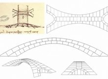 Leonardo da Vinci’s original drawing of the bridge proposal (top left), showing a bird's eye view at top and a side view below, including a sailboat passing under the bridge. To the right and below that are drawings by Karly Bast and Michelle Xie showing how the structure could be divided up into 126 individual blocks, which were 3D printed to build a scale model. Image: Karly Bast and Michelle Xie