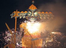An effigy of Ravana with burning sparklers on Dusshera. Dashehra Diwali Mela in Manchester, England, 2006.
